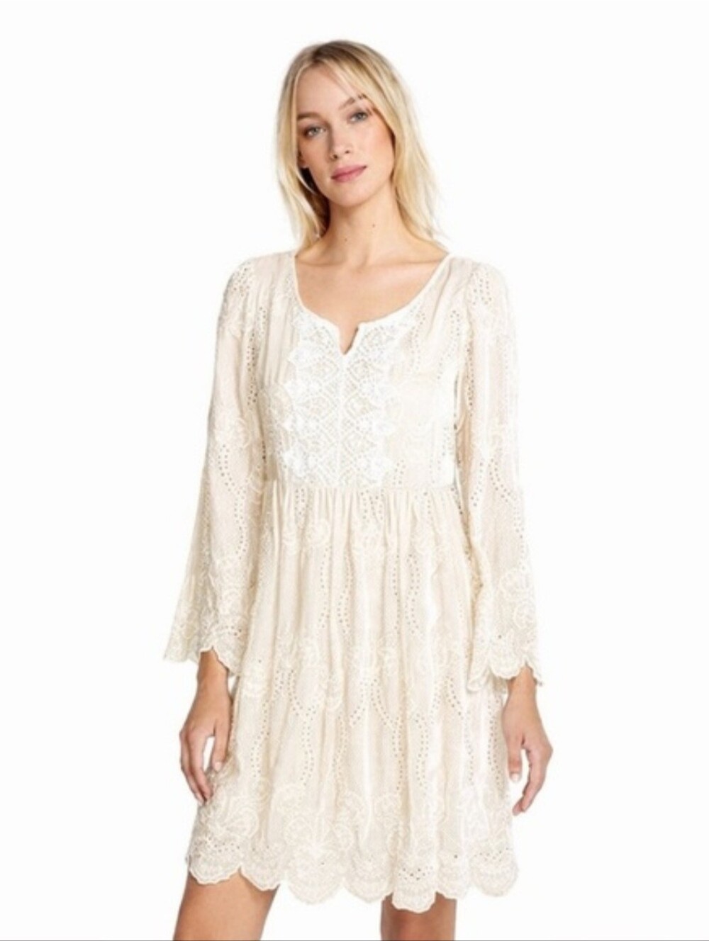 Johnny Was Sabina Silk Velvet Eyelet Mini Dress Boho Lace Whimsical Fairy. L